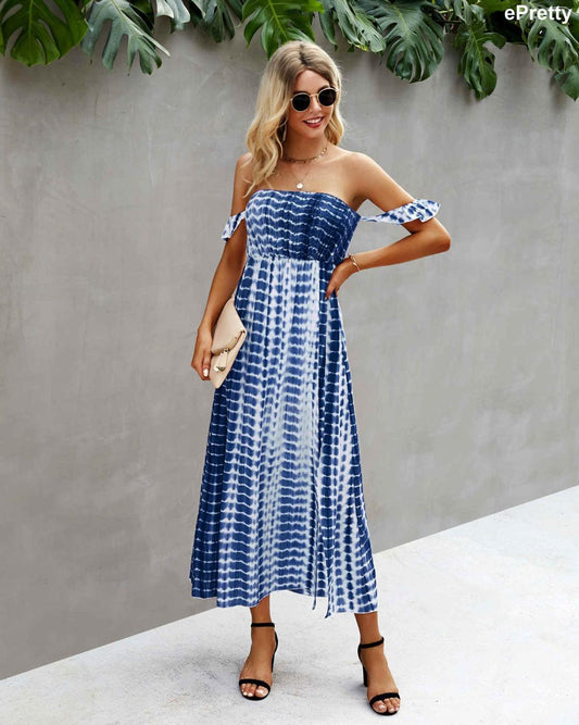 Image: Tie Dye Off Shoulder Dress Blue | Southern Sassy Boutique