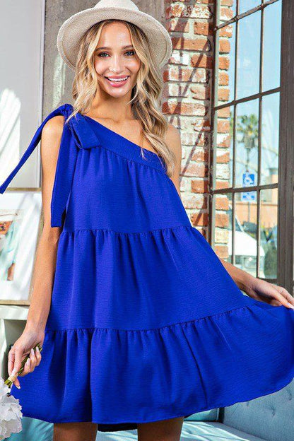 Image: One Shoulder Tier Dress Blue | Southern Sassy Boutique