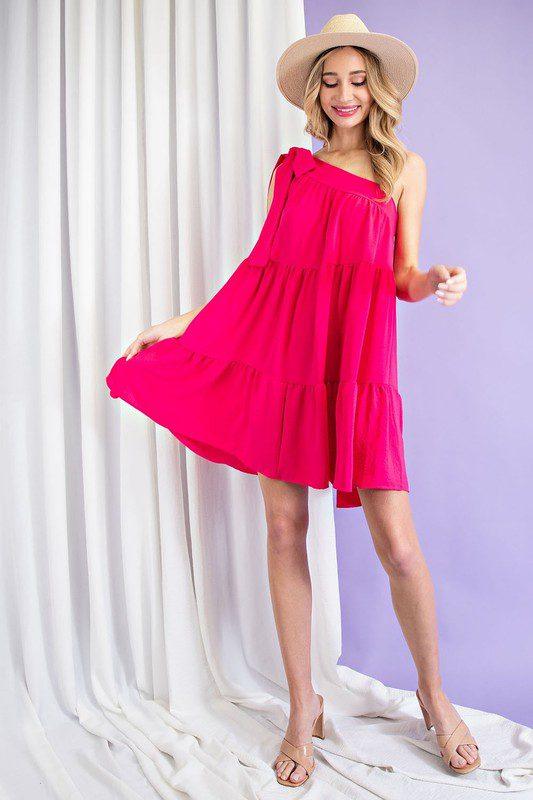 Image: One Shoulder Tier Dress Pink | Southern Sassy Boutique