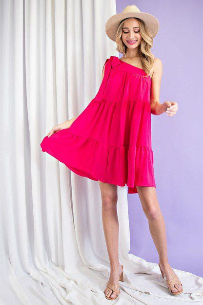 Image: One Shoulder Tier Dress Pink | Southern Sassy Boutique