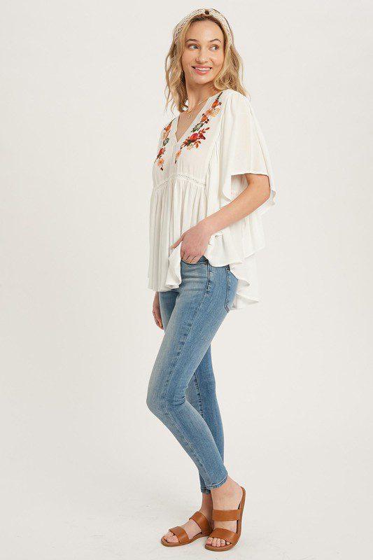 Woven Peasant Blouse With Floral Embroidery - Southern Sassy Boutique