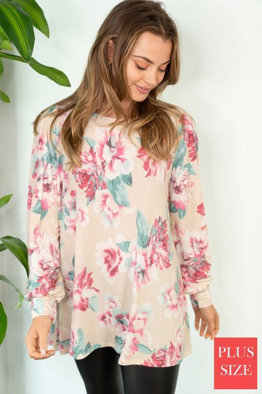 Image: Floral Print  Bishop Sleeve Knit Top Cream Combo | Southern Sassy Boutique