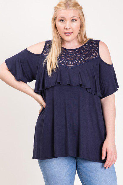 Image: Cold Shoulder Ruffle Top Navy Blue | Southern Sassy Boutique