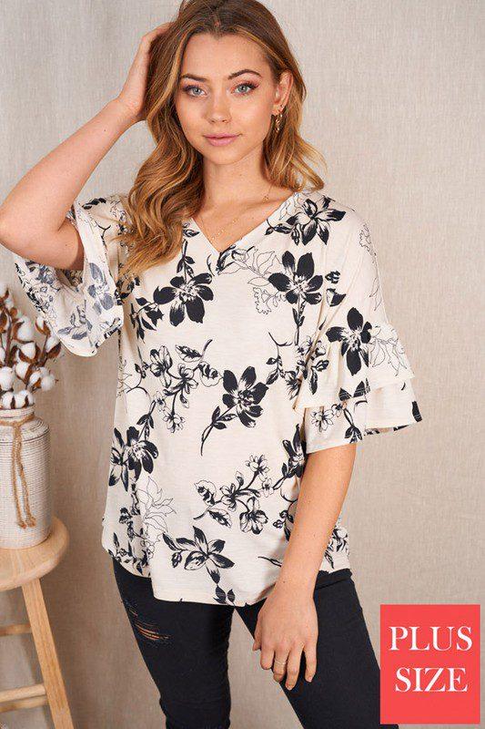 Image: Floral Print V-Neck Top with Ruffled Sleeves Ivory | Southern Sassy Boutique