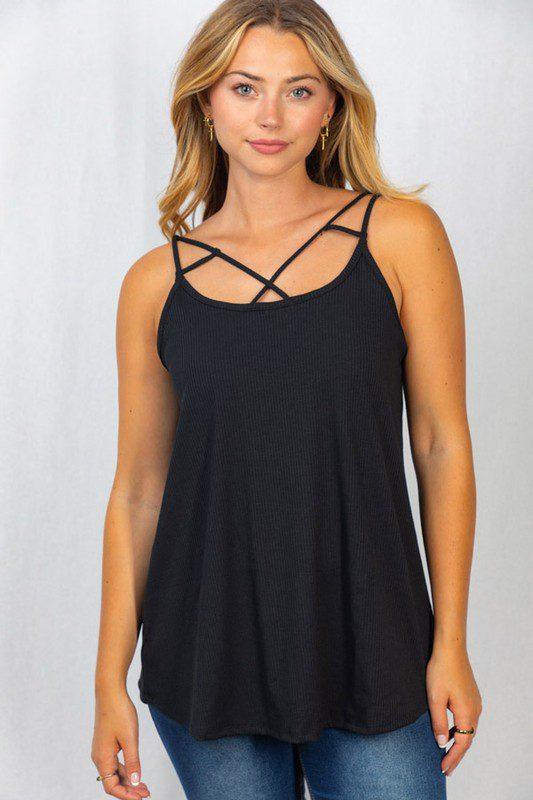 Image: Knit Top with Criss Cross Front Detail Black | Southern Sassy Boutique