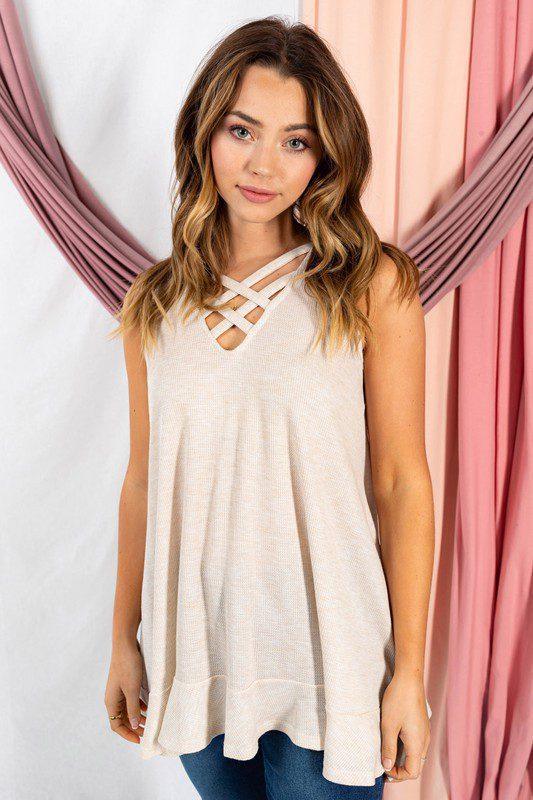 Image: Knit Top with Strappy Front Oatmeal | Southern Sassy Boutique