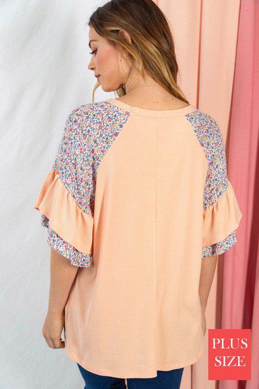 Solid Ribbed Top With Floral Ruffle Sleeves - Southern Sassy Boutique