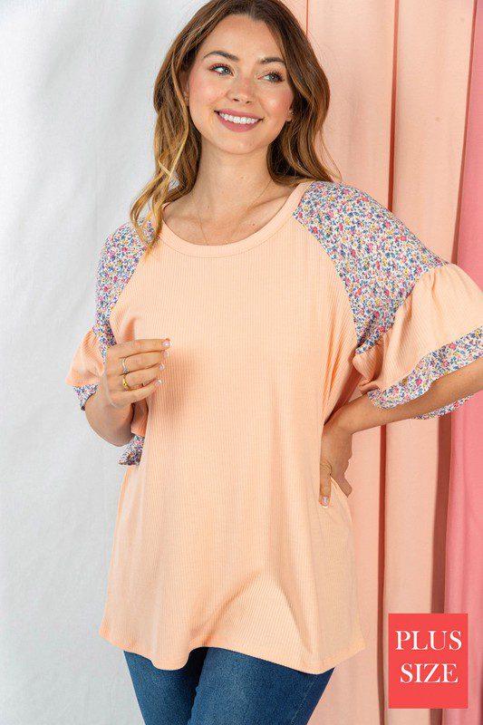 Image: Soild Knot Top with Floral Ruffle Sleeves Peach | Southern Sassy Boutique