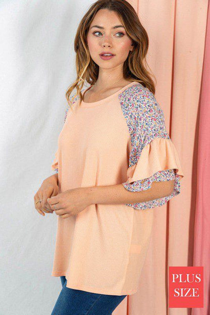 Solid Ribbed Top With Floral Ruffle Sleeves - Southern Sassy Boutique