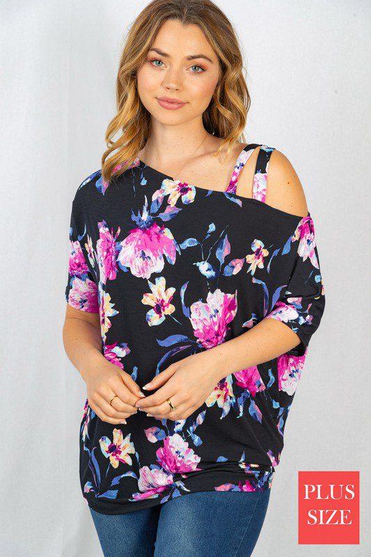 Image: Off Shoulder Floral Strappy Top Black | Southern Sassy Boutique