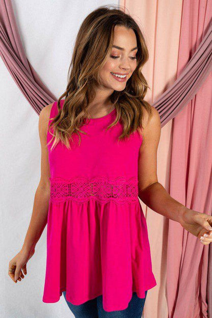 Image: Knit Babydoll Top with Lace Fuchsia | Southern Sassy Boutique