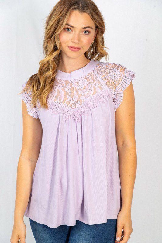 Image: Solid Knit Top With Lace Detail Lavender | Southern Sassy Boutique