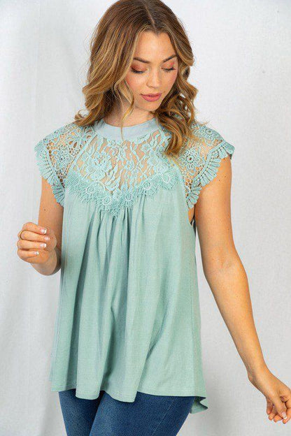 Solid Knit Top With Lace Detail - Southern Sassy Boutique