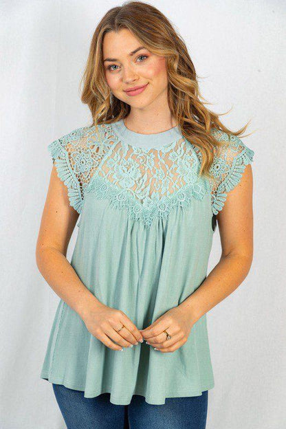 Image: Solid Knit Top With Lace Detail Seafoam | Southern Sassy Boutique