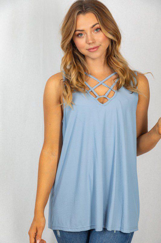 Image: Knit Top with Strappy Neckline Steel Blue | Southern Sassy Boutique