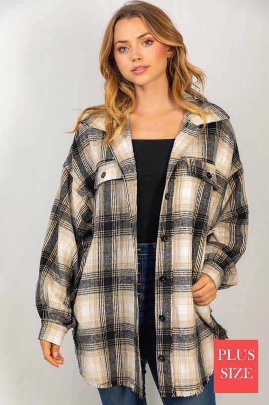 Image: Long Sleeve Flannel Woven Shirt Jacket Black | Southern Sassy Boutique