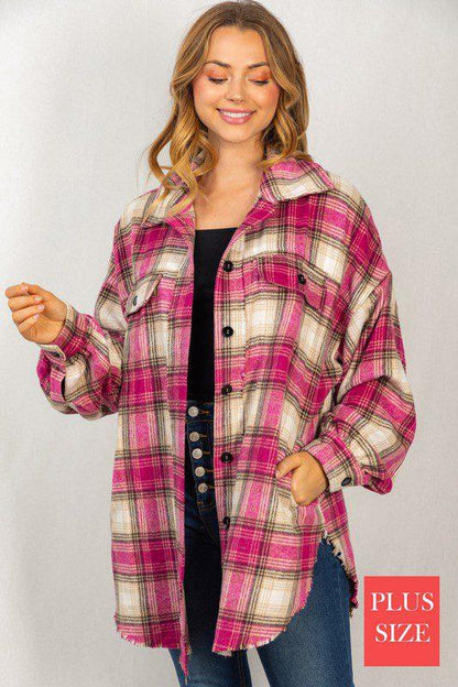 Image: Long Sleeve Flannel Woven Shirt Jacket Pink | Southern Sassy Boutique