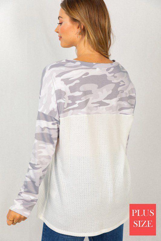 Camouflage Long Sleeve Knit Top With Sequence Pocket - Southern Sassy Boutique