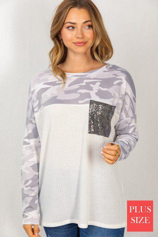 Image: Camouflage Long Sleeve Knit Top with Sequence Pocket Ivory Combo | Southern Sassy Boutique