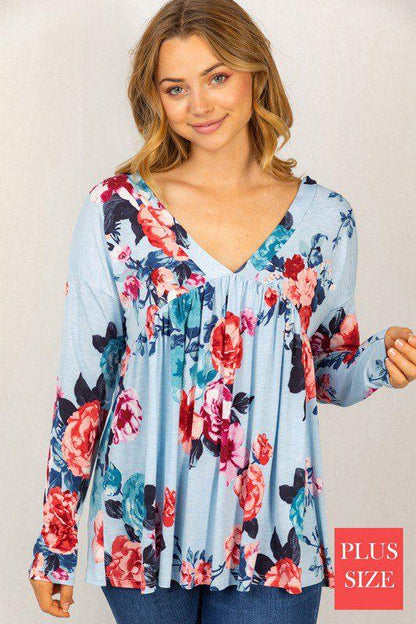 Image: Floral Print V-Neck Top Blue | Southern Sassy Boutique