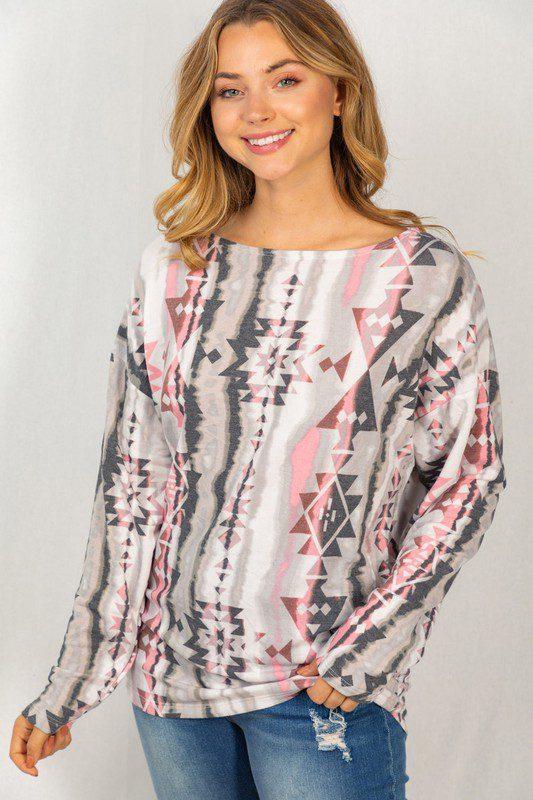 Image: Tribal Print Boat Neck Top Heather Grey | Southern Sassy Boutique