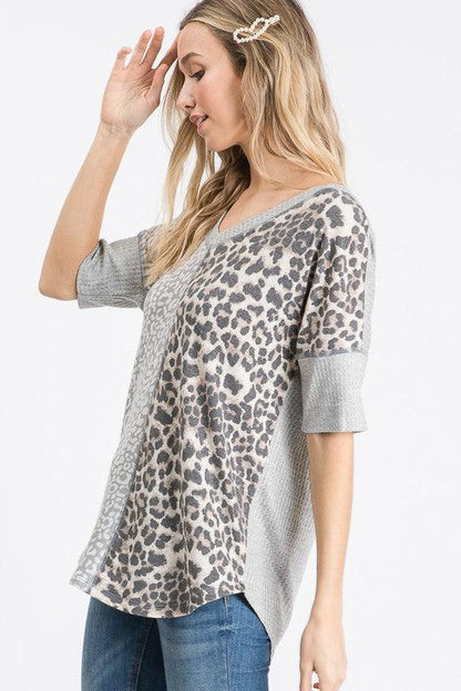 Leopard & Grey Waffle Block Top - Southern Sassy Boutique