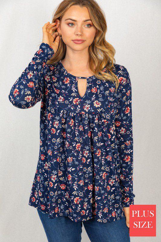 Image: Floral Print Top with Keyhole Neck Navy Blue | Southern Sassy Boutique
