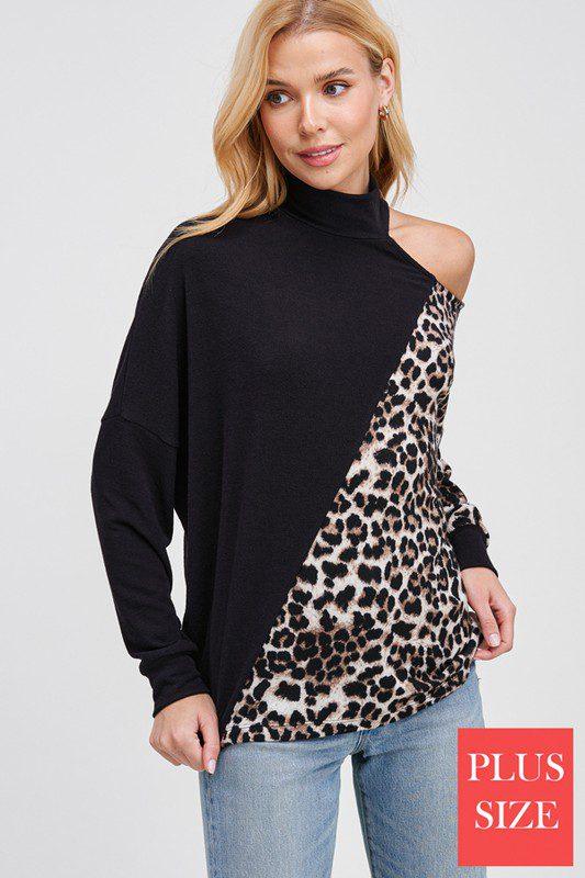 Image: Long Sleeve Solid And Animal Print Cold Shoulder Top Black | Southern Sassy Boutique