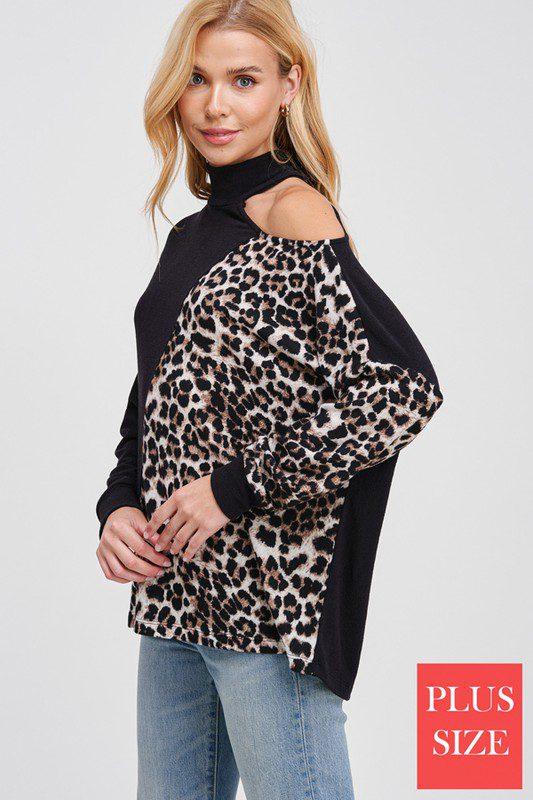 Long Sleeve Solid And Animal Print Cold Shoulder Top - Southern Sassy Boutique