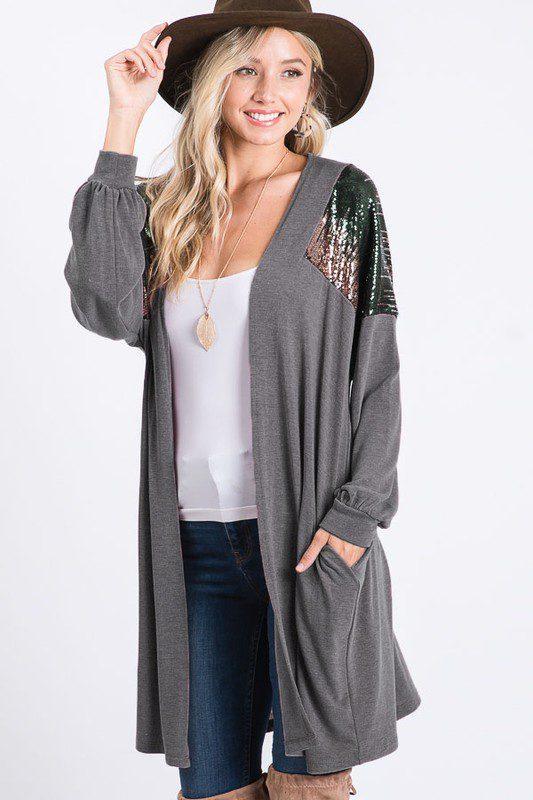 Image: Iridescent Sequince Maxi Cardigan Charcoal | Southern Sassy Boutique