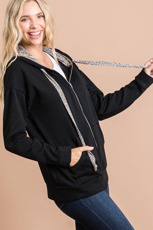 Zip Up Hoodie with Animal Print Detail - Southern Sassy Boutique