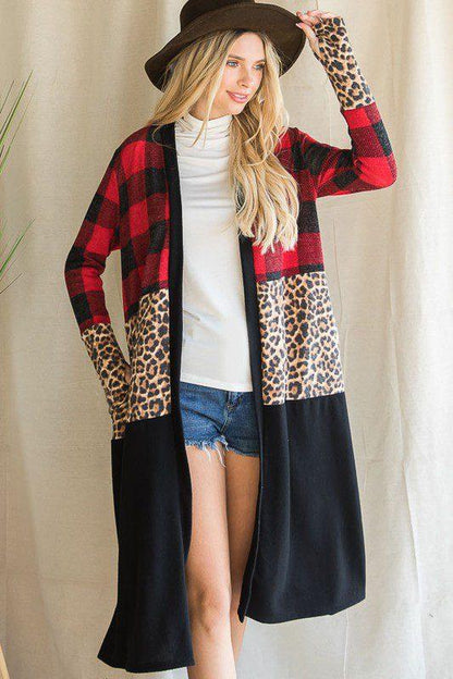 Image: Color Block And Animal Print Cardigan Red | Southern Sassy Boutique