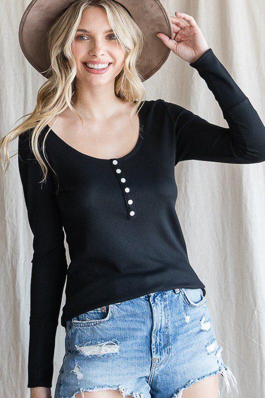 Image: Scoop Neck Thermal Long Sleeve Knit Top Featuring A Button Front Top Black | Southern Sassy Boutique