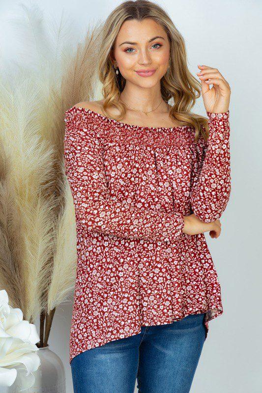 Image: Long Sleeve Floral Print Cowl Neck Top Maroon | Southern Sassy Boutique