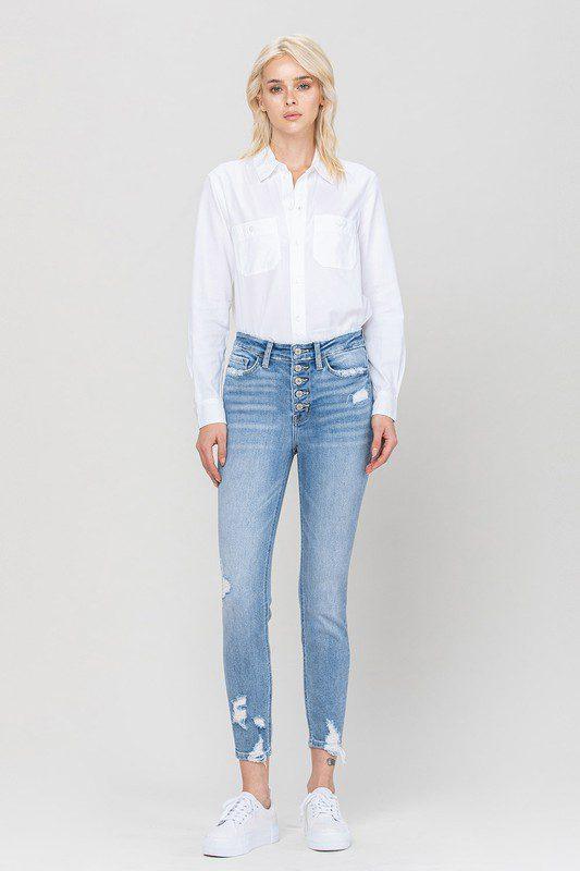 Image: High Rise Crop Skinny  Button Fly Jeans Light | Southern Sassy Boutique