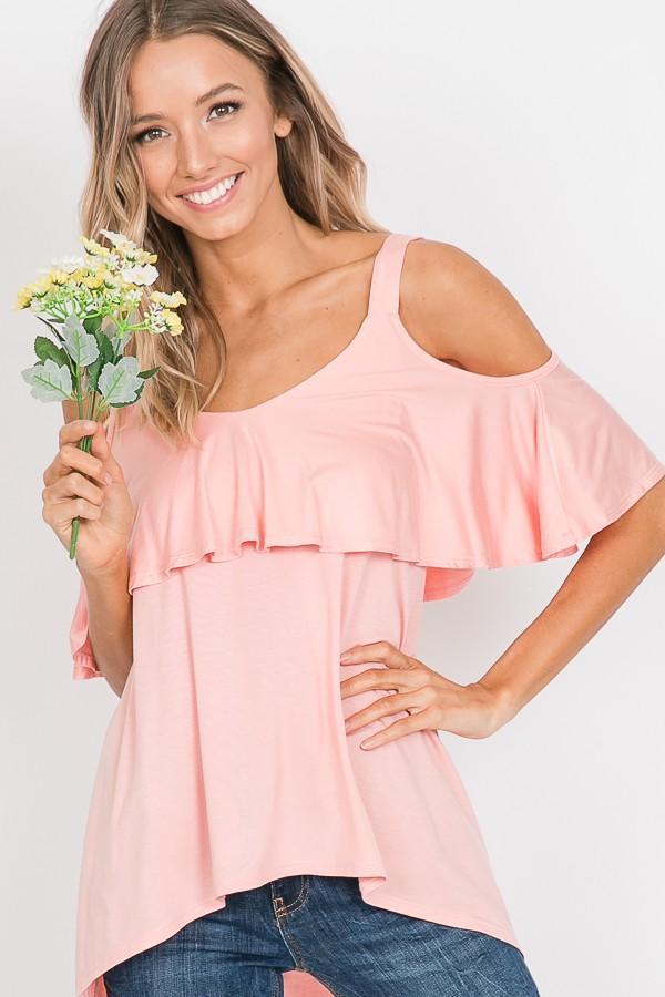 Image: Ruffled Cold Shoulder Top Blush | Southern Sassy Boutique