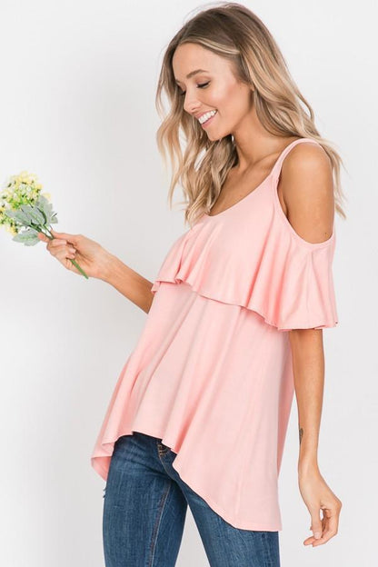 Ruffled Cold Shoulder Blush Top - Southern Sassy Boutique