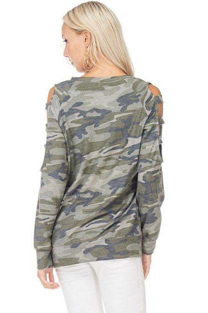 Camo Cold Shoulder Ladder Cutout Top - Southern Sassy Boutique