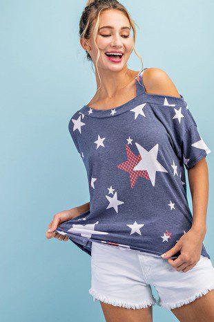 Image: Cold Shoulder Top with Stars Denim | Southern Sassy Boutique