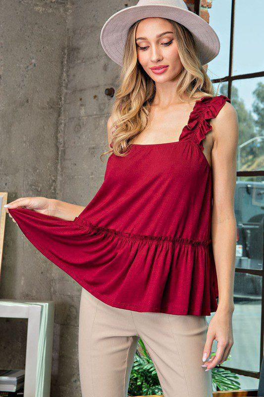 Image: Babydoll Tank Top With Ruffle Hem Merlot | Southern Sassy Boutique