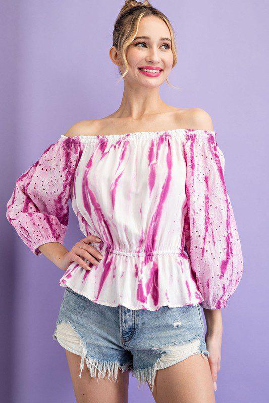 Image: Tie-Dye Eyelet Off Shoulder Top Pink | Southern Sassy Boutique