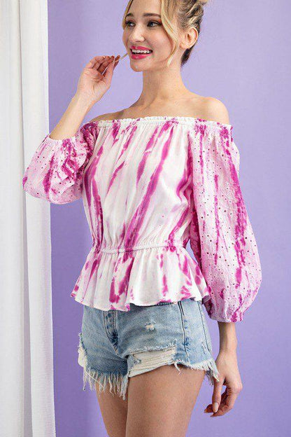 Tie-Dye Eyelet Off Shoulder Top - Southern Sassy Boutique