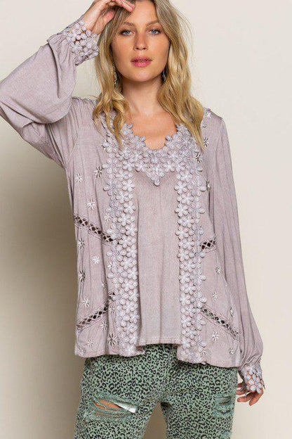 Image: Long Sleeve Soft Embroidery Lace Top Romantic Taupe | Southern Sassy Boutique