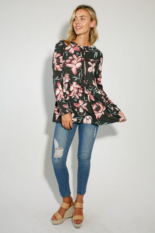 Image: Floral Print Sweat Shirt Black | Southern Sassy Boutique