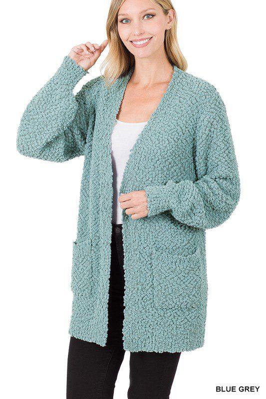 Image: Popcorn Cardigan with Pockets Blue Grey | Southern Sassy Boutique