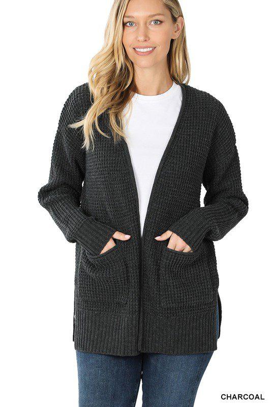 Image: Open Waffle Knit Cardigan Charcoal | Southern Sassy Boutique