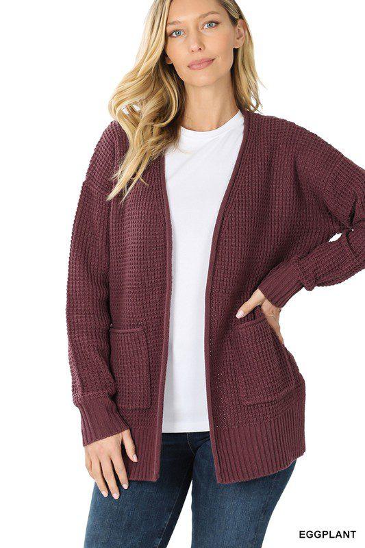 Image: Open Waffle Knit Cardigan Eggplant | Southern Sassy Boutique