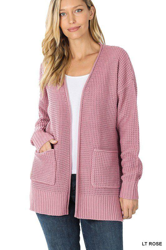 Image: Open Waffle Knit Cardigan Light Rose | Southern Sassy Boutique