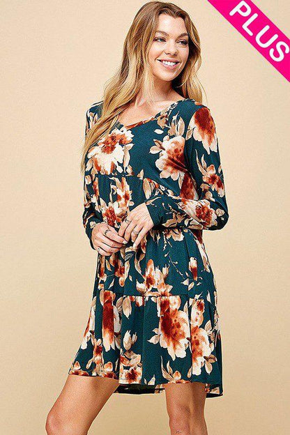 Image: Floral V-Neck Tiered Midi Dress Teal Rust | Southern Sassy Boutique