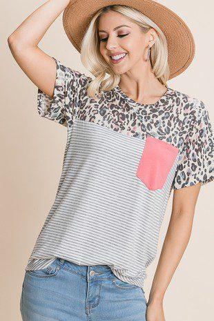 Image: Leopard and Pintstripe Top Blue | Southern Sassy Boutique